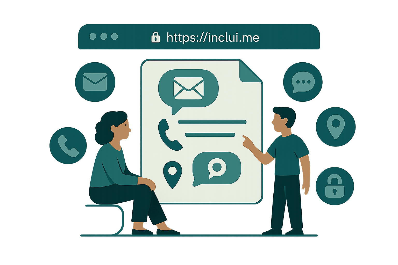 Ilustração sobre contacto e comunicação digital em tons de verde-água.