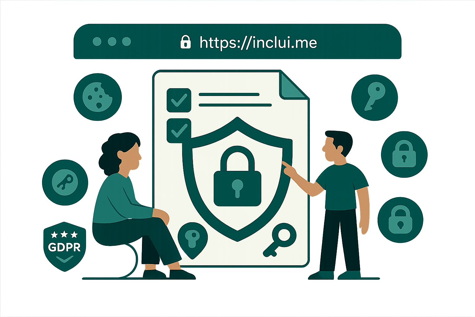 Ilustração sobre privacidade, proteção de dados e conformidade GDPR em tons de verde-água.